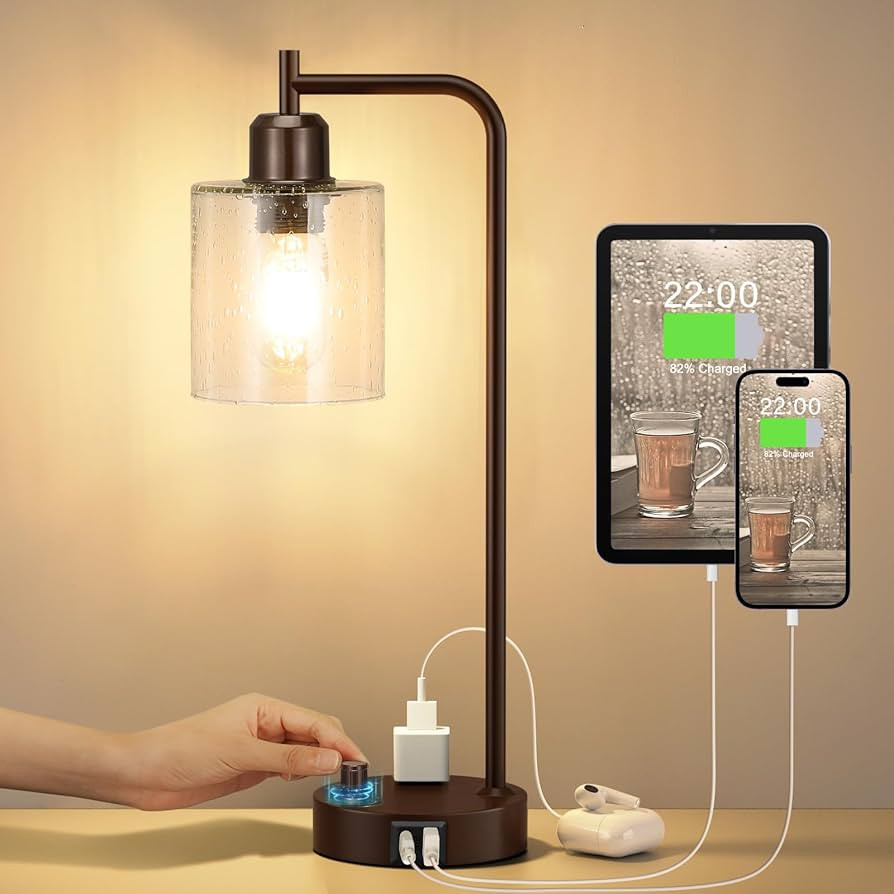 Innqoo Brown Industrial Bedside Table Lamp for Bedroom - Nightstand Lamps with USB C Charging Por... | Amazon (US)