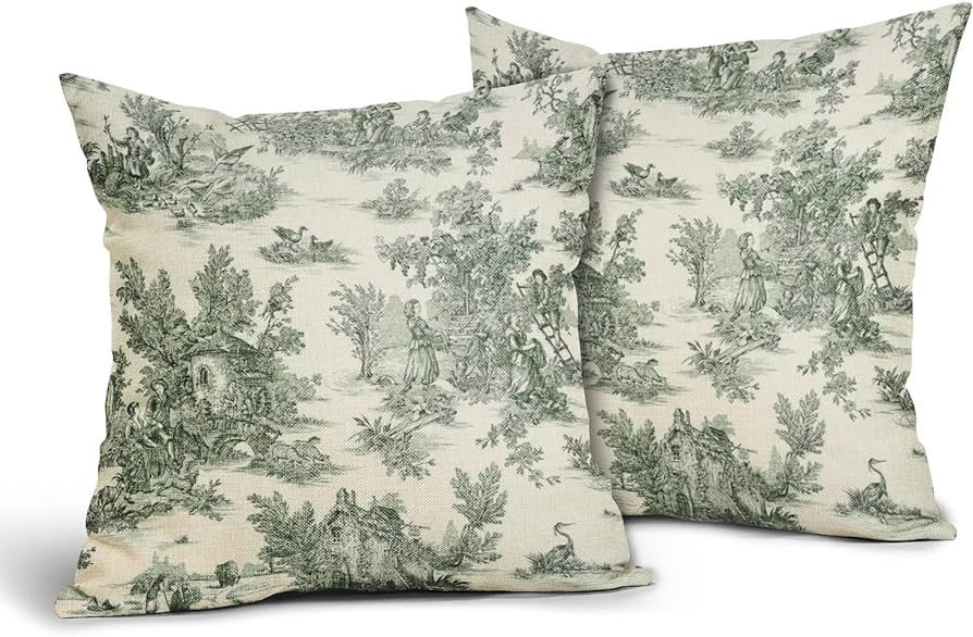 aportt French Country Pillow Cover Set of 2 18x18 Inch Vintage Toile Green Cotton Linen Polyester... | Amazon (US)