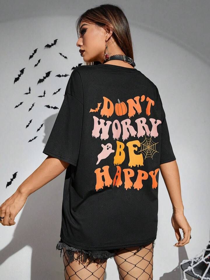 PUNK Halloween Slogan Graphic Drop Shoulder Tee | SHEIN