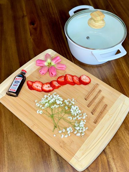 Simmer pot. Spring simmer pot. Strawberry shortcake simmer pot. Cooking pot. Bamboo board. Cutting board. Kitchen cookware. Kitchen pot.

#LTKhome #LTKSeasonal