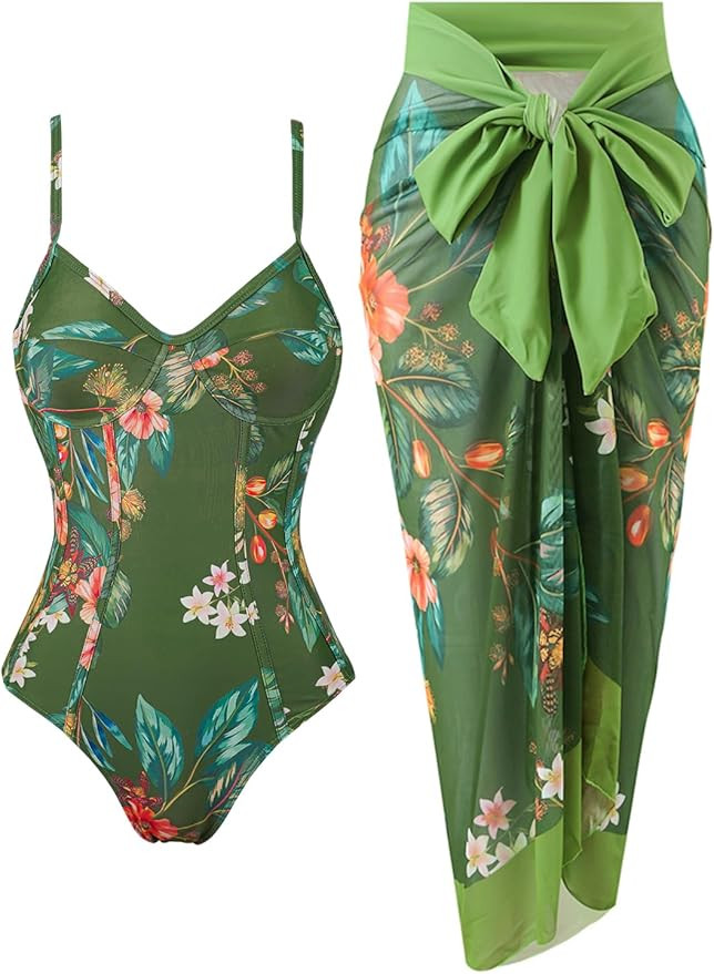 Womens One Piece Swimsuit with Cover Up Sarong Wrap Floral Bathing Suits 1 Piece Swim Suit with B... | Amazon (US)