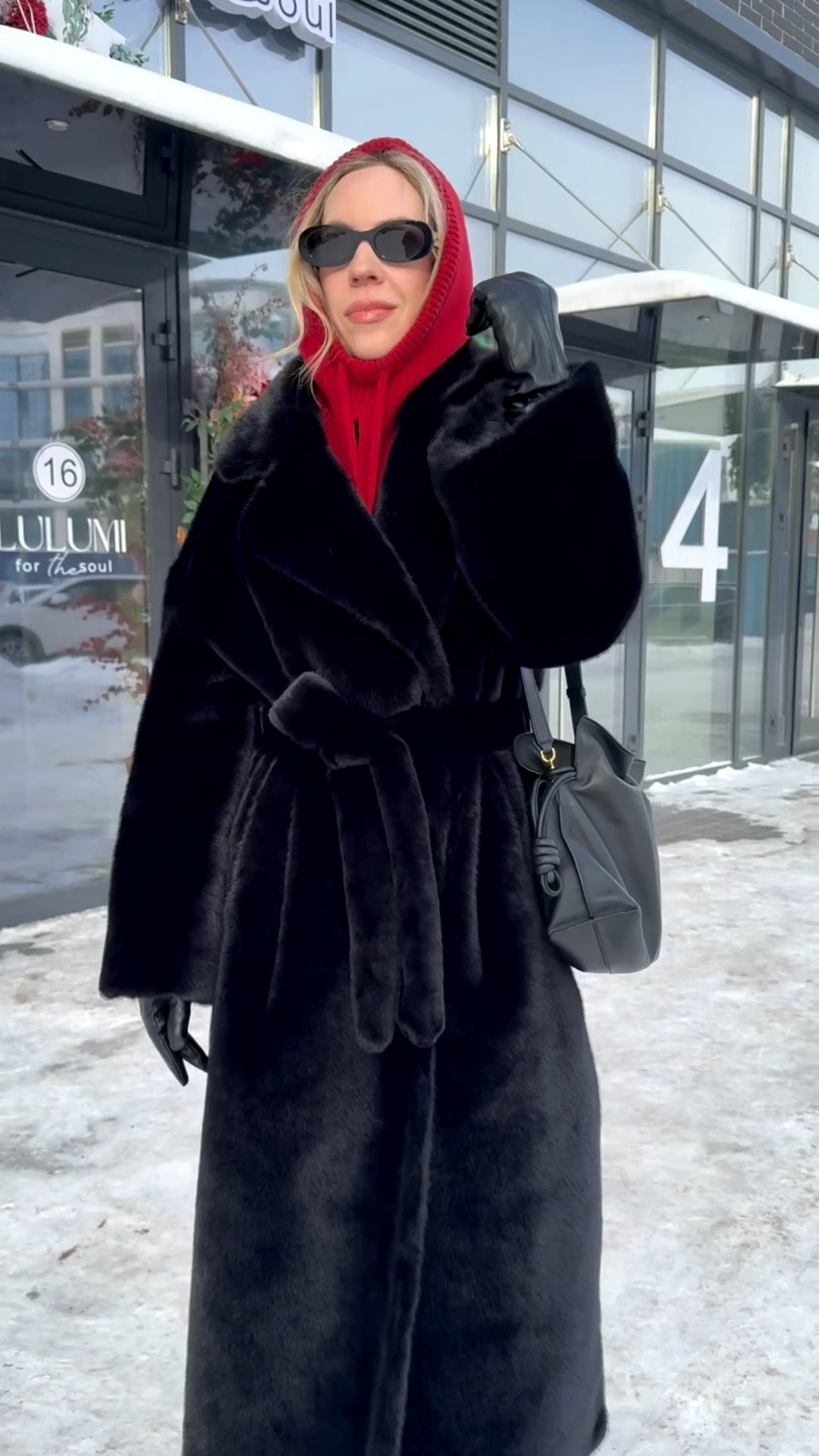 Black faux fur coat, shearling coat, red balaclava, Loewe Flamenco handbag, lug sole boots, all black winter outfit 

#LTKSeasonal #LTKFindsUnder100 #LTKOver40