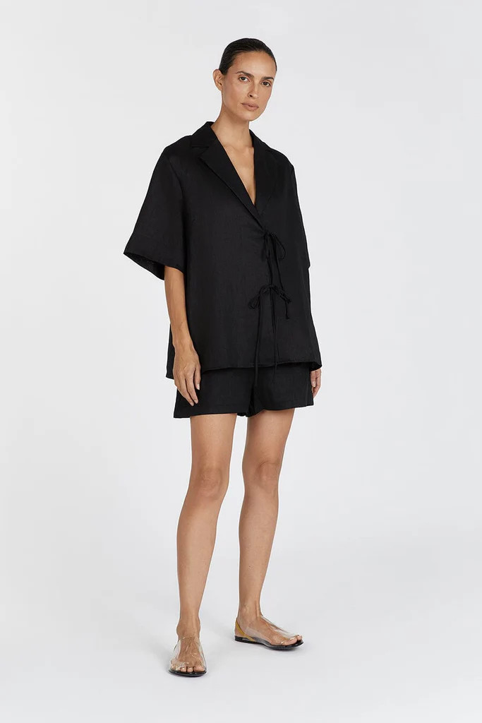 EMELIA BLACK LINEN WRAP SHIRT | DISSH
