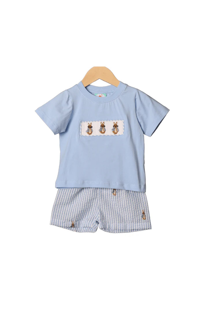Smocked/Embroidered Peter Rabbit Seersucker Short Set | The Smocked Flamingo