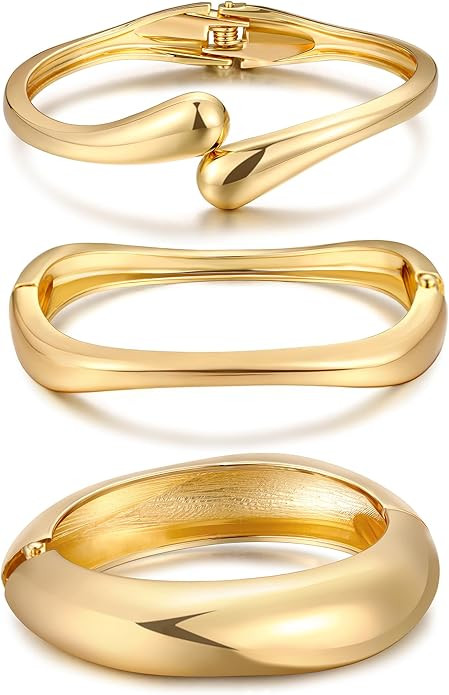 Chunky Gold Bangle Bracelets for Women, Dainty 14k Gold Plated Big Stackable Bangles Set, Trendy ... | Amazon (US)