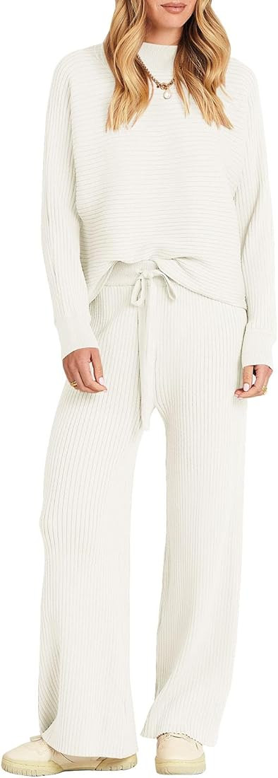 ANRABESS Women's Two Piece Outfits Batwing Long Sleeve Crop Top & Ribbed Knit Wide Leg Pants Loun... | Amazon (US)