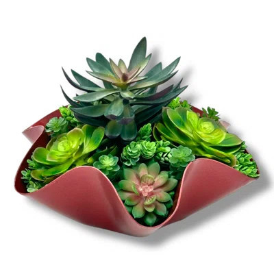 Succulent Design in Deep Red Wavy Metal Vase | Wayfair North America