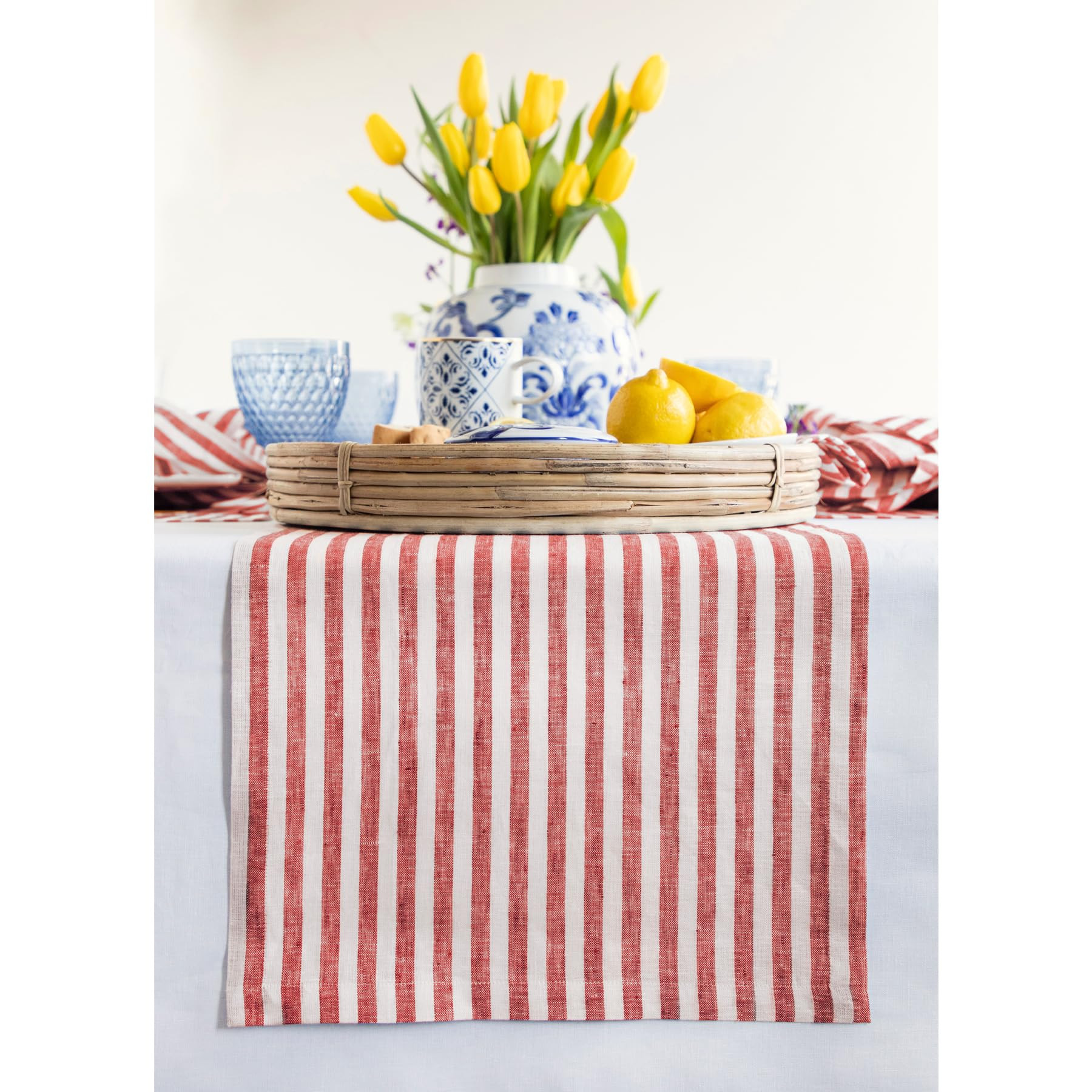 Solino Home Linen Table Runner 72 Inches Long - Amalfi Stripe, 100% Pure Linen Red and White Tabl... | Amazon (US)