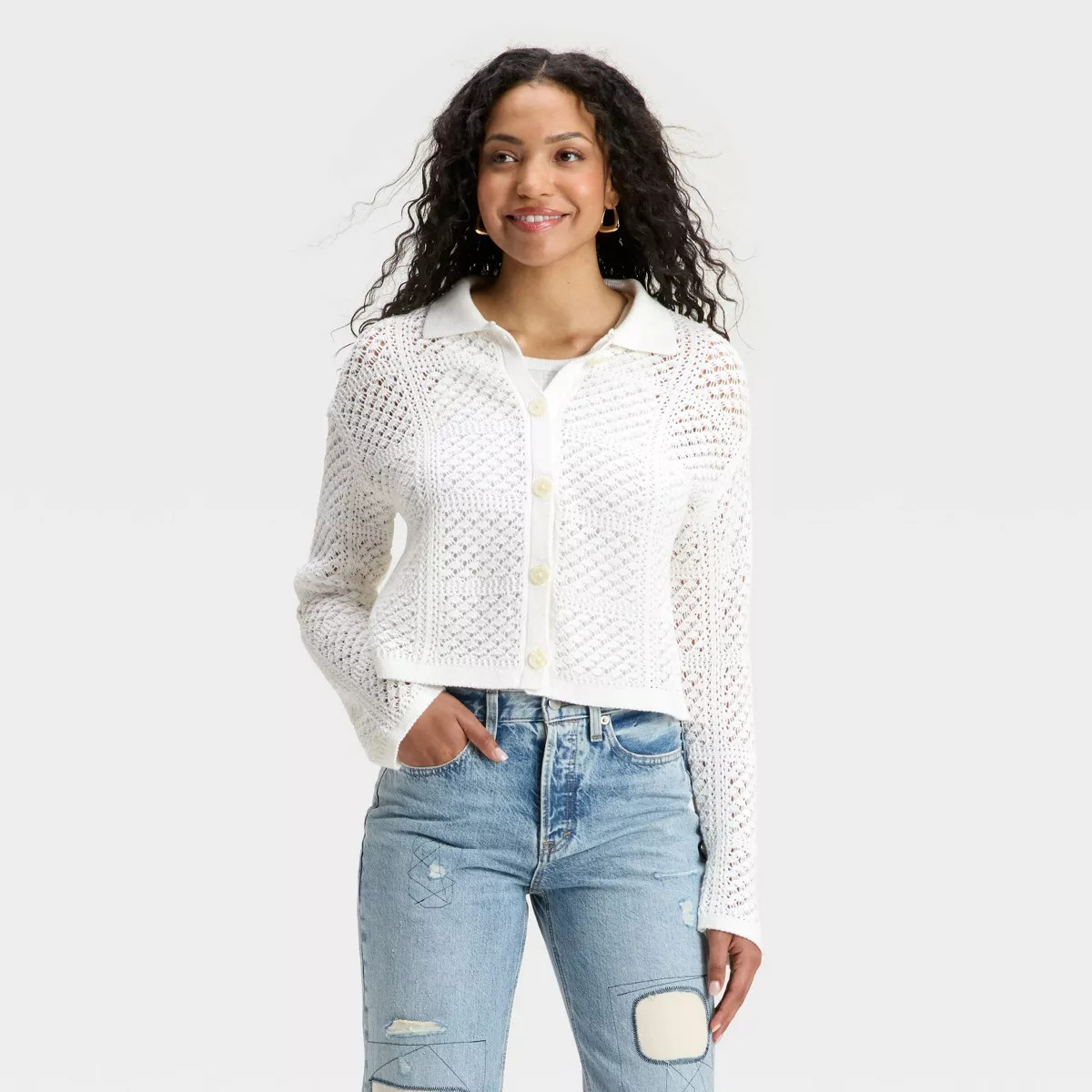 Women's Openwork Button-Front Cardigan - Universal Thread™ White | Target