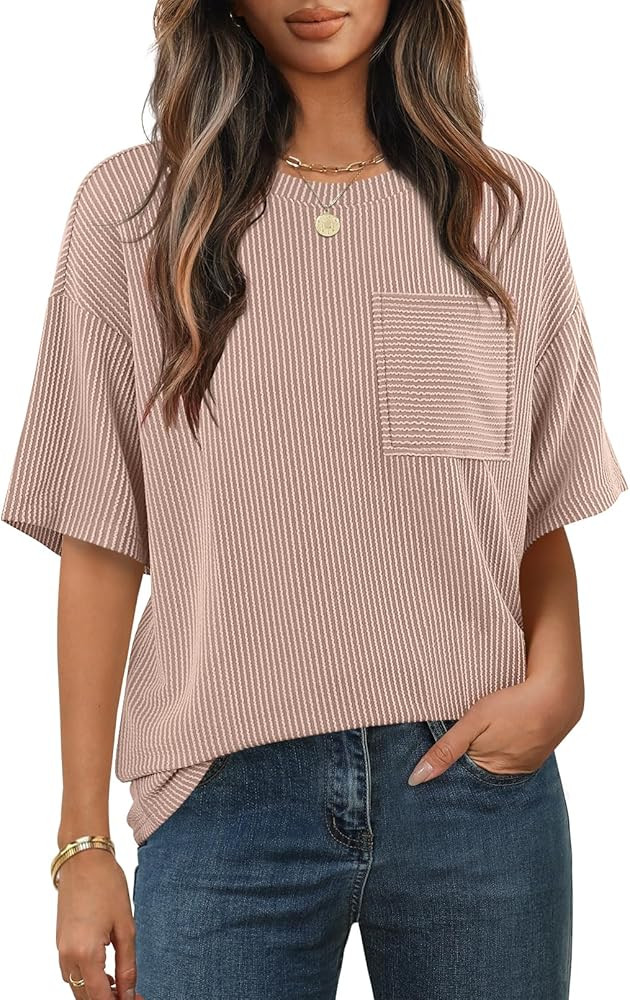 MEROKEETY Women's Summer Short Sleeve Tops Oversized Crewneck Textured Blouse Casual Basic Tunic ... | Amazon (US)