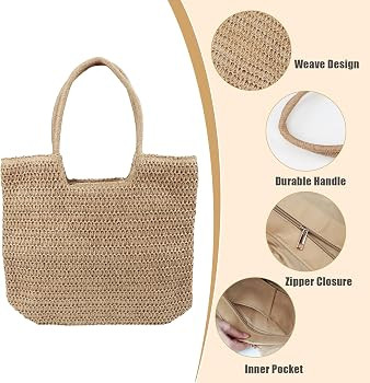 Straw Beach Tote Bag for Women,Summer Beach Bag Rattan Handbag,Large Khaki Woven Beach Tote With ... | Amazon (US)