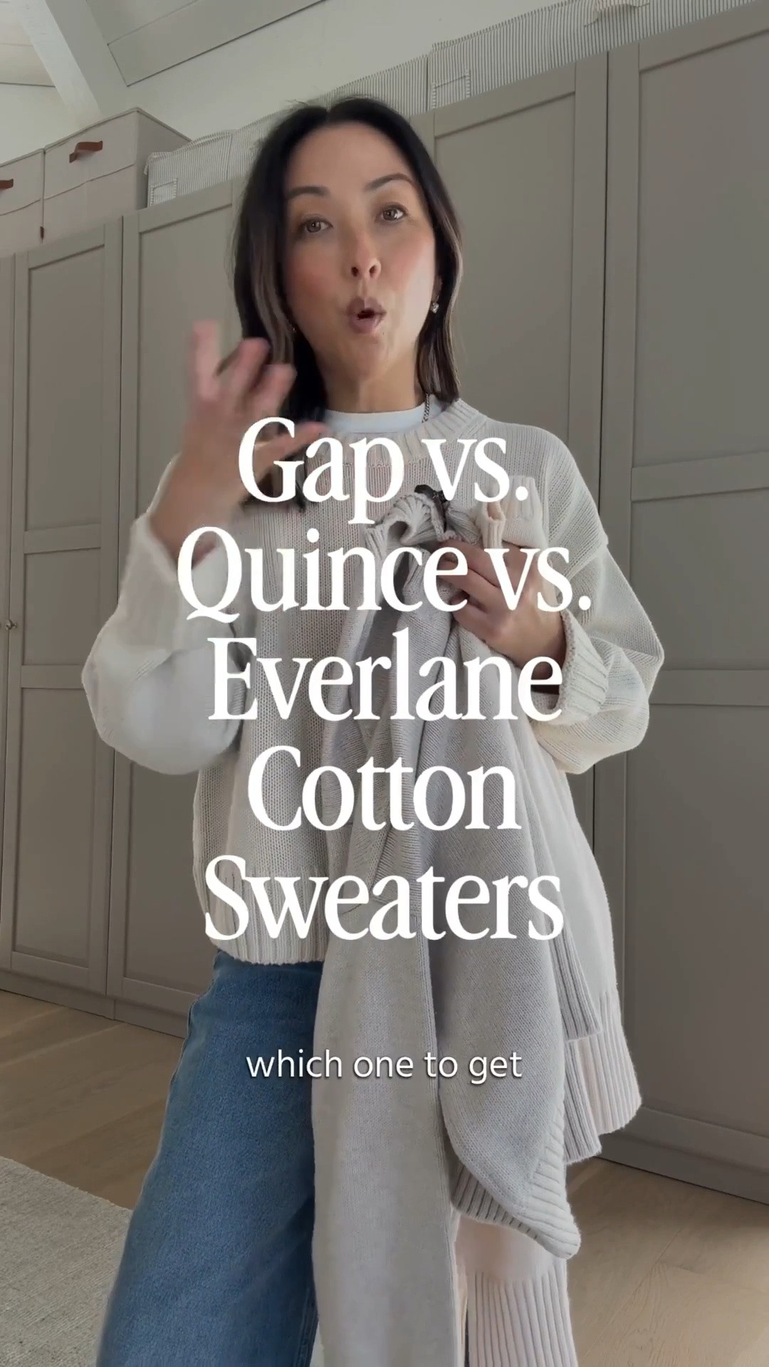 Comparing cotton sweaters fro
Gap, Quince, and Everlane

Gap petite small - oversized, cropped, drop shoulder, chunky. 

Quince xs or small (I have both) - medium weight of the 3. Simple, nothing really stands out. Great price great quality. 

Everlane xs - thinnest of the 3. Layers beautifully. Stunning drape. My most-worn.