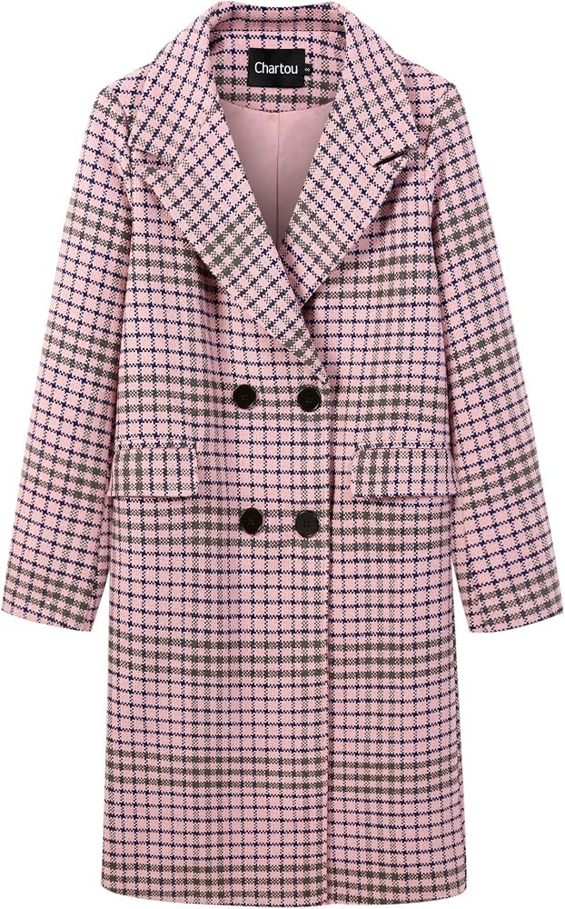 CHARTOU Women's Winter Oversize Lapel Collar Woolen Plaid Double Breasted Long Peacoat Jacket | Amazon (US)