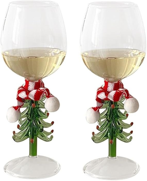 2Pcs Christmas Tree Stemmed Wine Glass with Scarf 10oz Vintage Elegant Goblet Wine Glass Gifts fo... | Amazon (US)