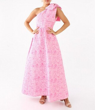 Abbey Glass Caroline Asymmetrical Neck Sleeveless Bow One Shoulder Bow Jacquard Pocketed A-Line G... | Dillard's