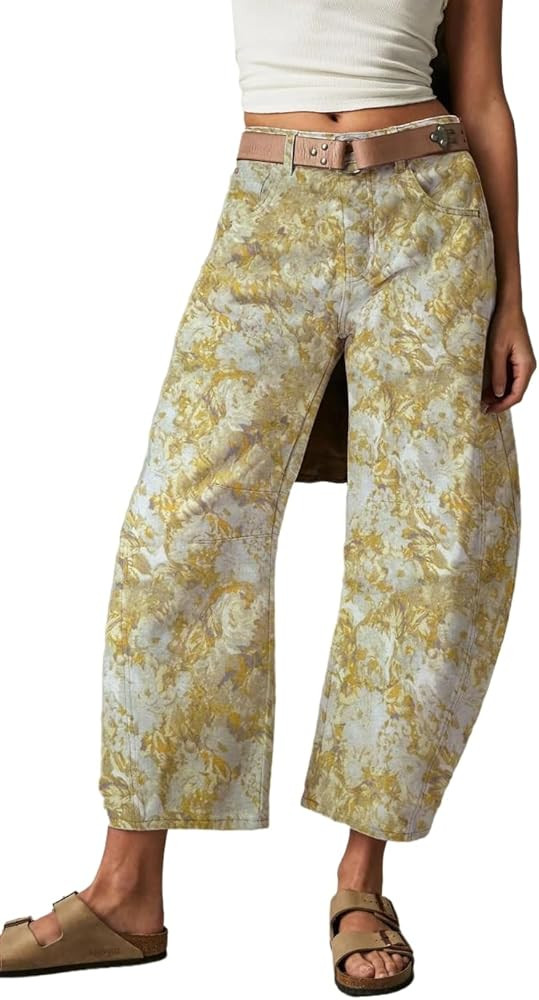Women Baggy Barrel Boyfriend Jeans Floral Print Denim Trouser Ankle Pants Cropped Vintage Wide Le... | Amazon (US)