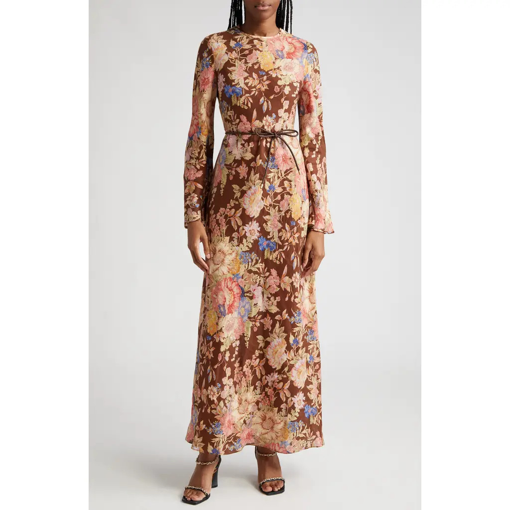 Zimmermann August Floral Print Long Sleeve Belted Linen Maxi Dress in Chocolate Floral at Nordstrom, Size 4 | Nordstrom