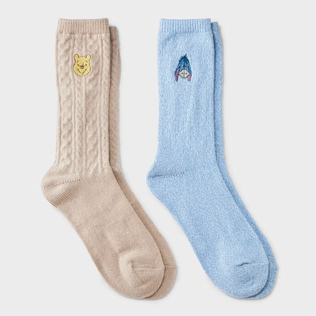 Women's Winnie The Pooh Super Soft Embroidered 2pk Crew Socks -  Taupe/Blue 4-10 | Target