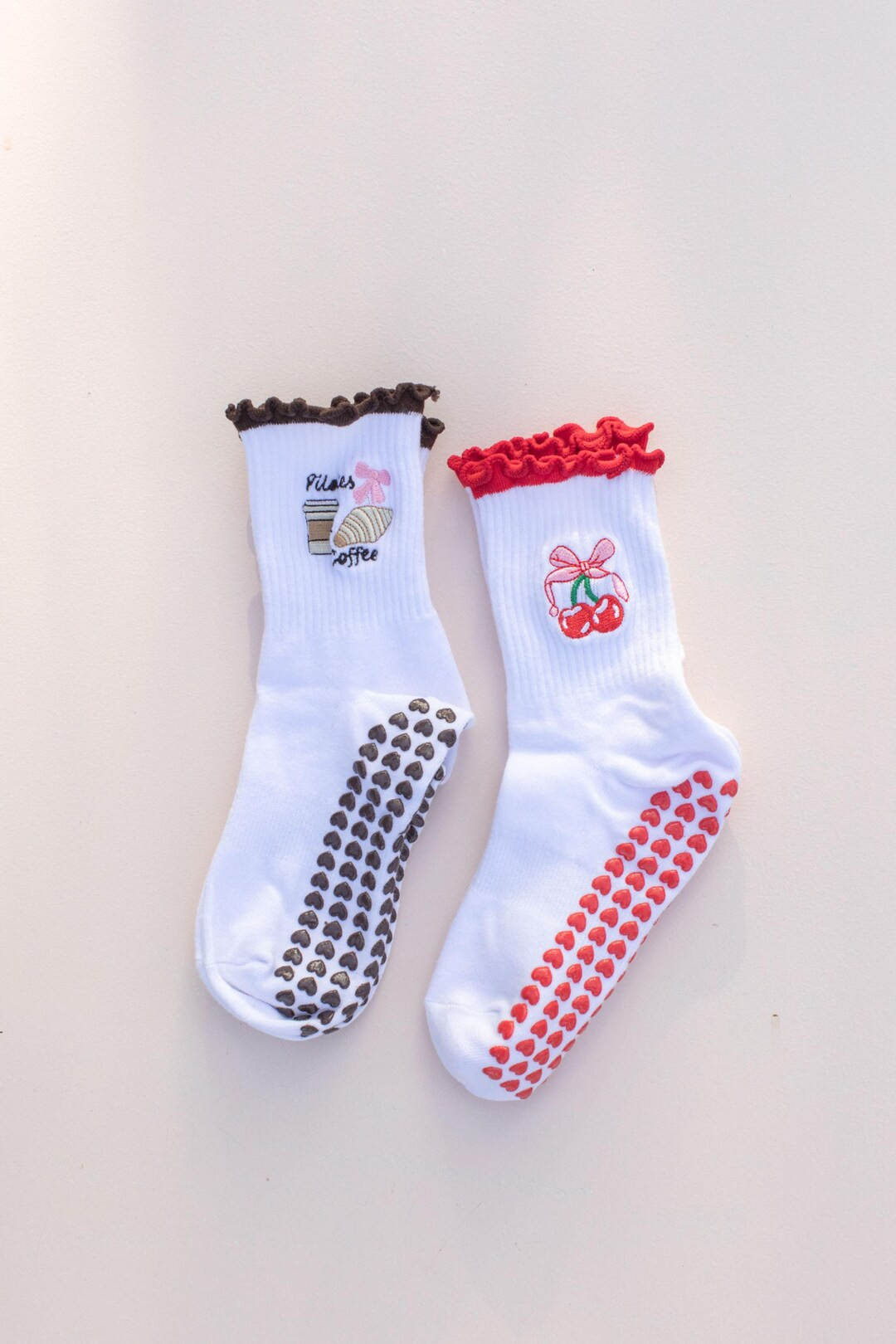 Pilates Grip Socks Cherry Coffee Embroidery - Etsy | Etsy (US)
