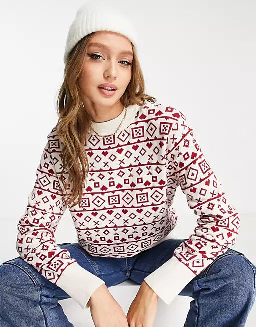 Monki Christmas knit sweater in beige and red fairisle | ASOS (Global)