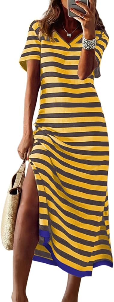 Dokotoo Womens 2026 Short Sleeve Maxi Dress Striped Split T Shirt Dress | Amazon (US)