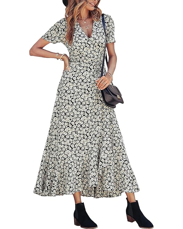PRETTYGARDEN Women's Summer Wrap Maxi Dress Casual Boho Floral V Neck Short Sleeve Ruffle Hem Spl... | Amazon (US)