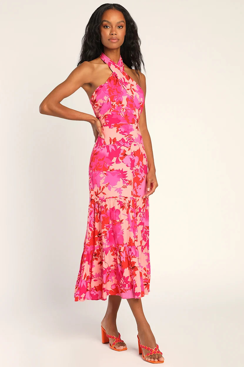 Always Eye-Catching Hot Pink Floral Tiered Halter Midi Dress | Lulus