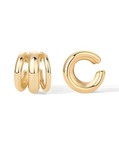 PAVOI 14K Yellow Gold Plated Trendy Chunky Triple Ring Ear Cuffs for Women | Statement Earring Pair | Amazon (US)