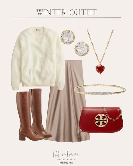 Winter outfit. Chic holiday outfit. Ivory sweater. Rose gold silk skirt. Red heart necklace. Gold bracelet. Red handbag. Light brown heeled boots. Crystal and gold earrings. Gifts for her. Holiday outfit. J crew Nordstrom  

#LTKstyletip #LTKHoliday #LTKSeasonal