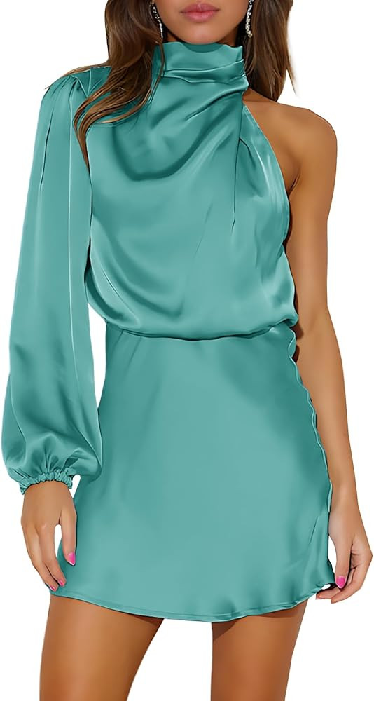 Ferlema Women's Satin Cocktail Dresses Mock Neck One Shoulder Long Sleeve High Waist Wedding Gues... | Amazon (US)
