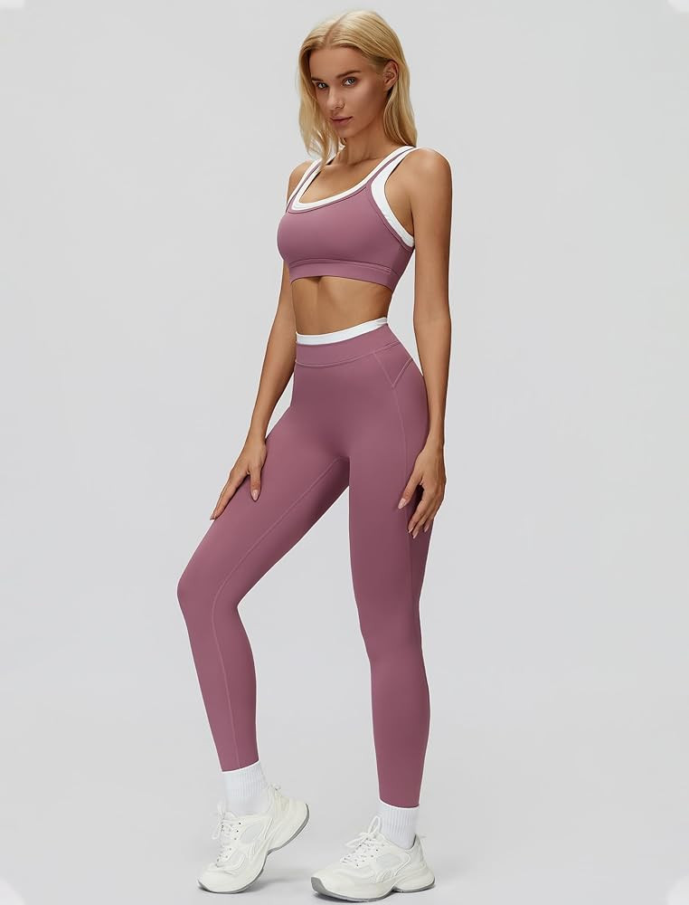 QBGJTD Womens Workout Set Two Piece U Back Color Block Sports Bra Matching High Waist Leggings Gy... | Amazon (US)