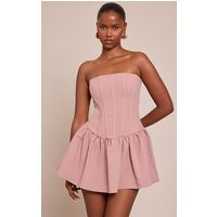 Dusty Pink Woven Bandeau Corset Frill Hem Mini Dress | PrettyLittleThing US