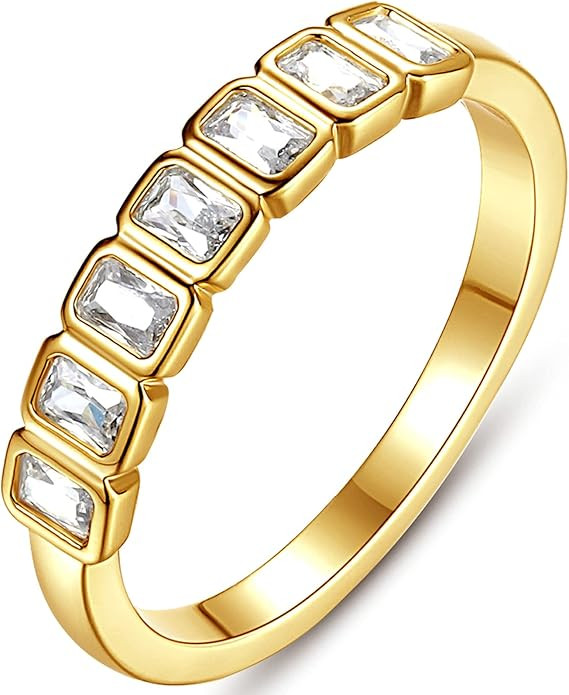 espere Emerald Cut Bezel Set CZ Halfway Eternity Band | 7 Stone Wedding Anniversary Band Bridal S... | Amazon (US)