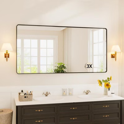 Black Black Metal Framed Bathroom Mirror for Over Sink 72  36" Vanity Rounded Rectangle Wall Mirror with 3X  Gass Wall Mounted Home Decor ( | Target