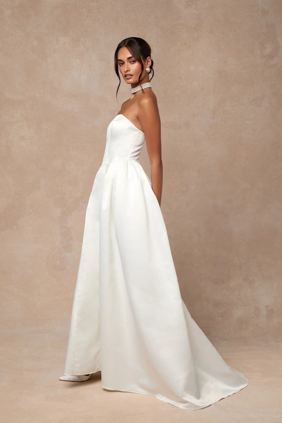 Bennett White Satin Strapless A-Line Maxi Dress | Lulus