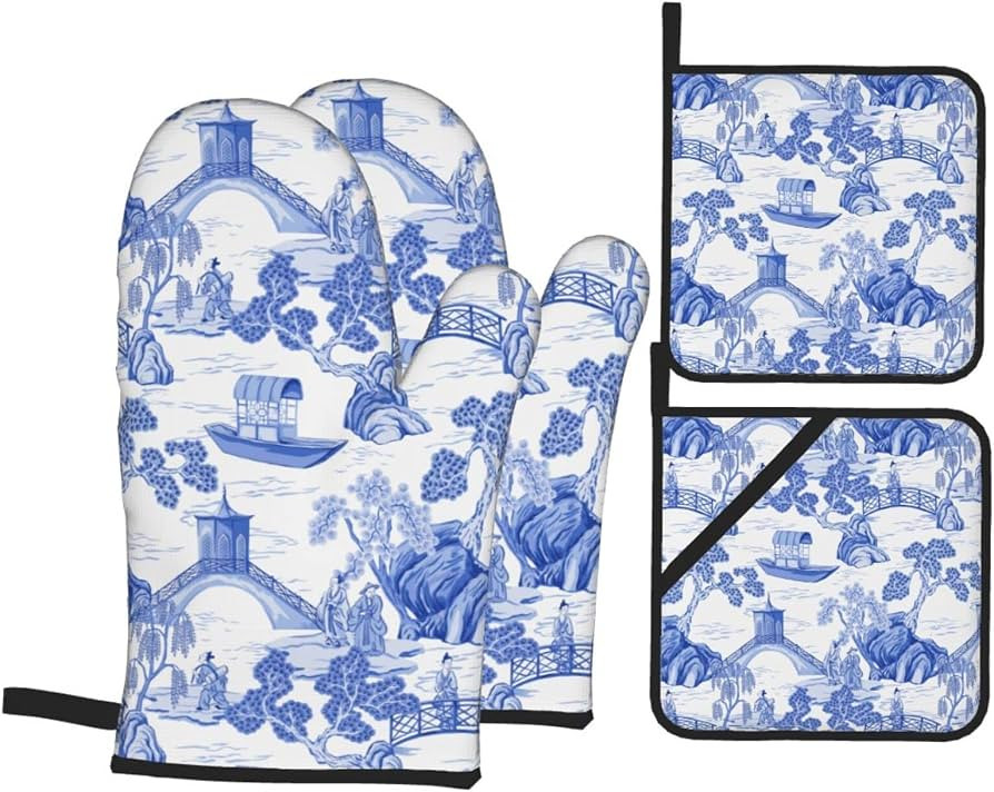Blue Chinoiserie Pagoda White Oven Mitts and Pot Holders Set of 4, Oven Mittens and Potholders He... | Amazon (US)