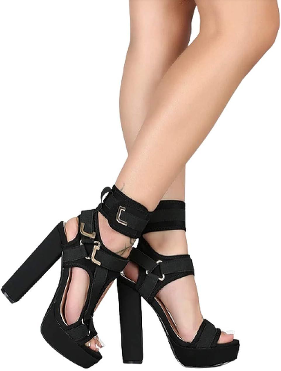 PAZZLE KEANDRA-07B Women's Chunky Platform Heels Open Toe Strappy Buckle High Heel Sandals | Amazon (US)