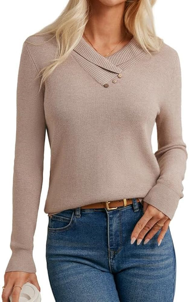 GRACE KARIN Women Fall Long Sleeve V Neck Collar Knit Pullover Sweaters | Amazon (US)