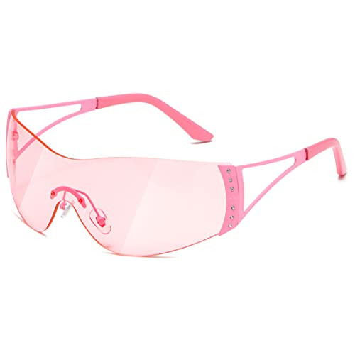TIANYESY Y2K Sunglasses For Women Men Fashion Shield Rimless Wrap Around Sunglass Gradient Lens Trendy Oversize Sun Glasses (Pink charm) | Amazon (US)