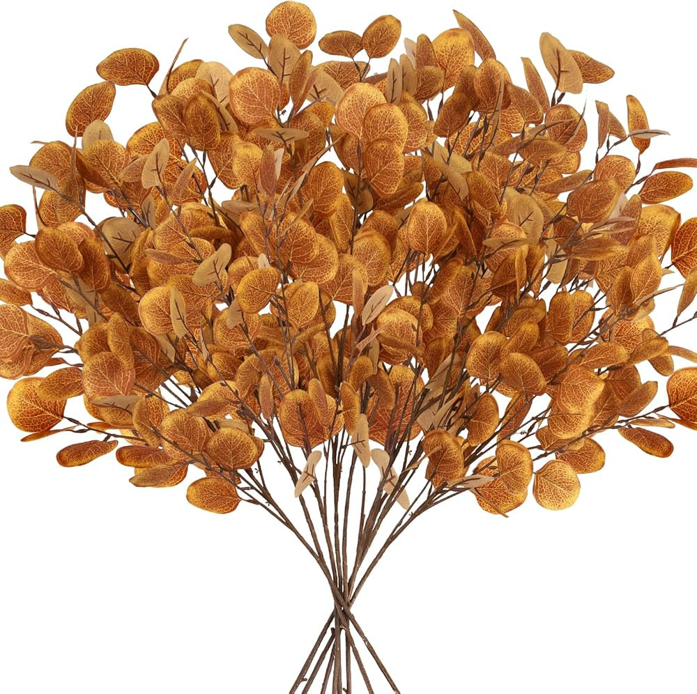 8pcs Fall Artificial Eucalyptus Leaves faux stems, orange Silk Silver Dollar Eucalyptus Branch, F... | Amazon (CA)