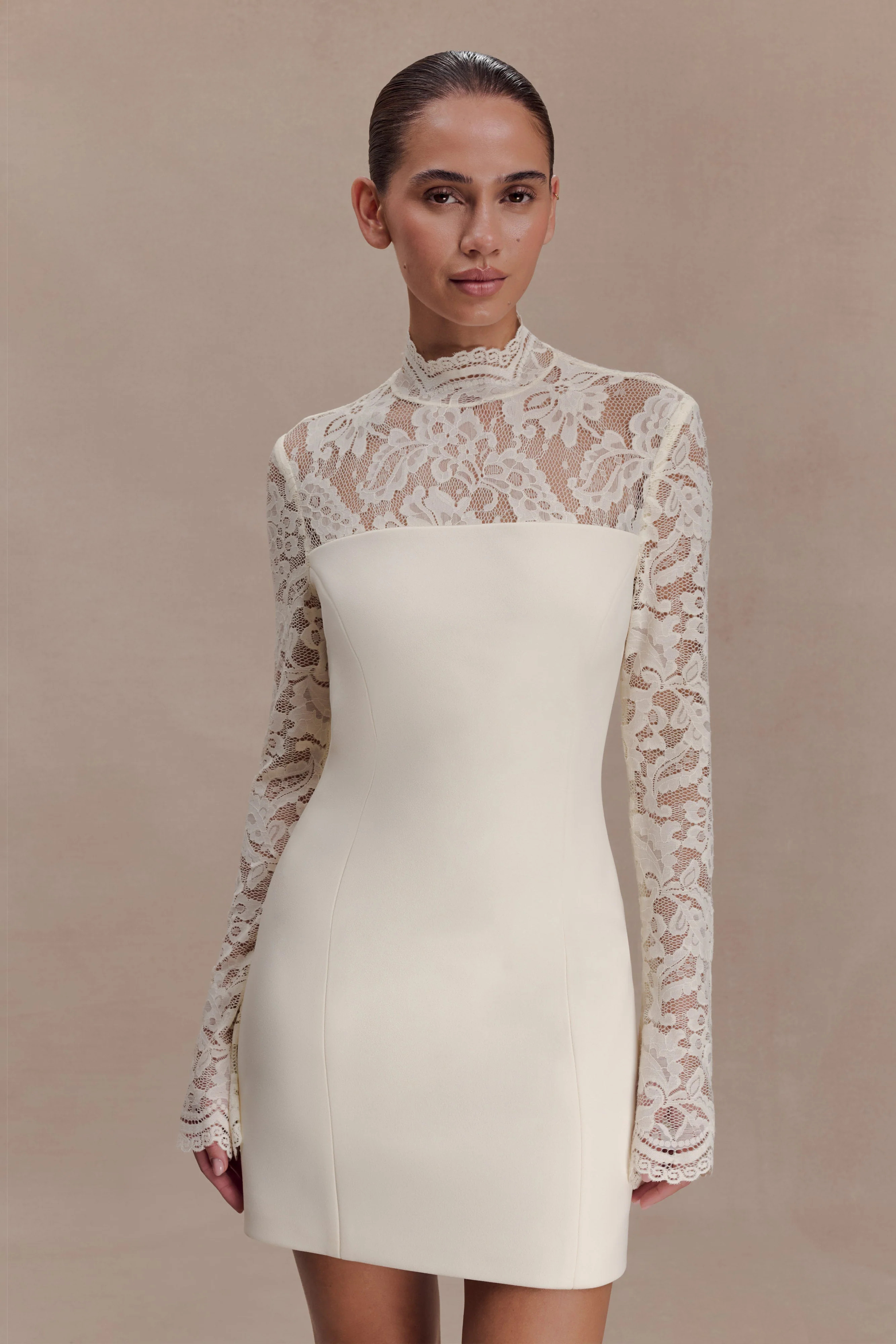 Aurelie Long Sleeve Lace Mini Dress - Ivory | MESHKI US