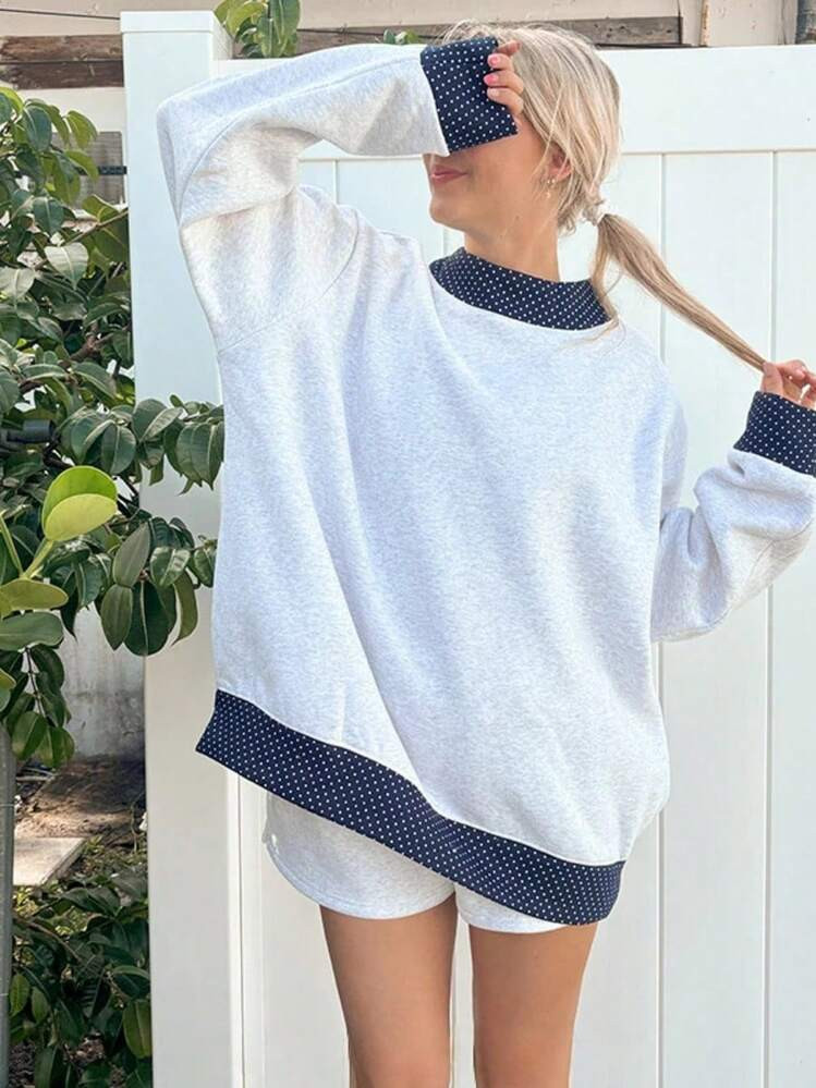 Women Casual Mock Neck Sweatshirt, Long Sleeve Polka Dot Contrast Cuff And Hem Splicing Oversized... | SHEIN