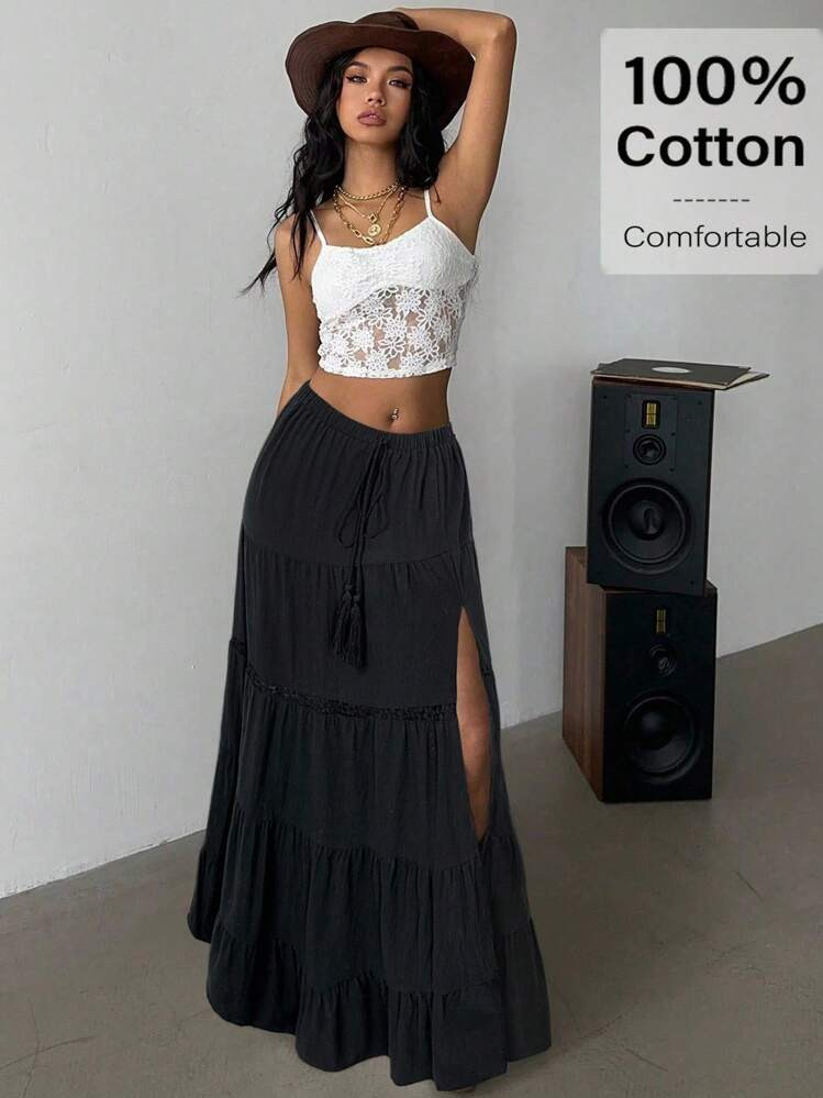 Siren Gaze Women's Black Summer Casual Boho Beach Skirt,High-Slit 100% Cotton Tiered Maxi Skirt With Elastic Waist & Lace Trim,Vacation Holiday Resort Essentials, | SHEIN | SHEIN