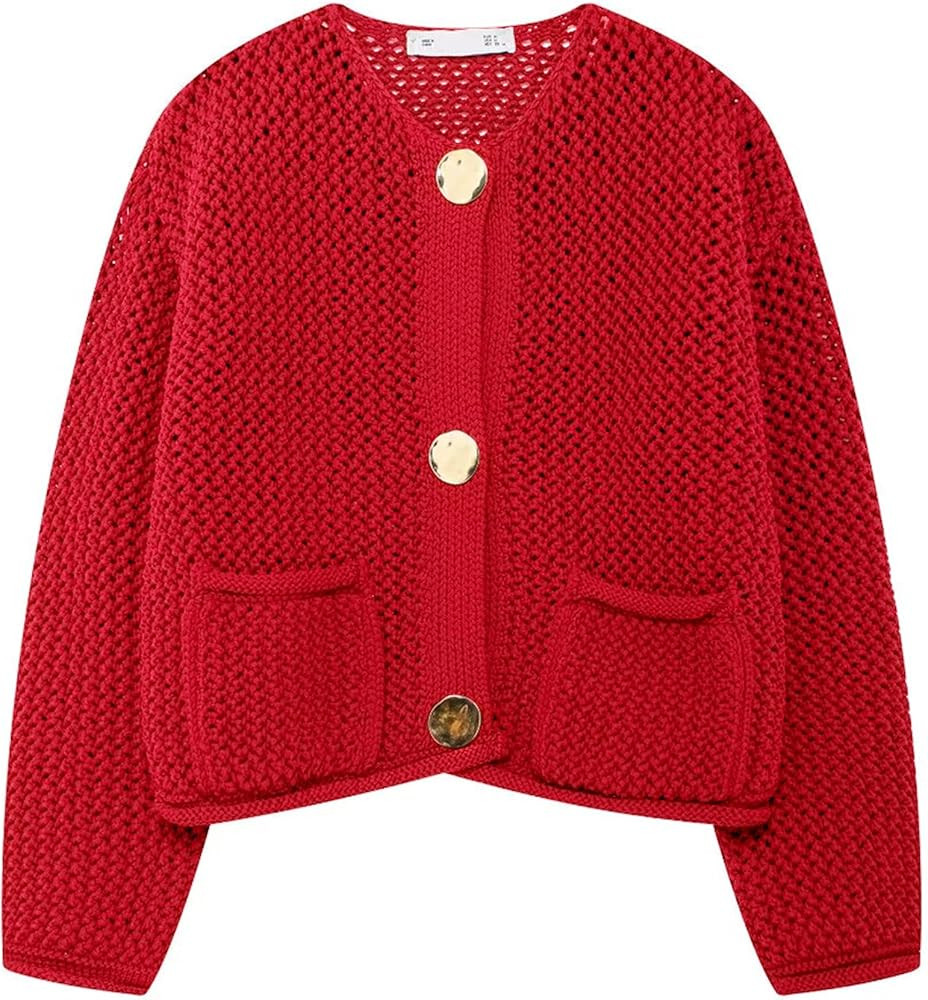 Wyeysyt Womens Cropped Cardigan Sweaters Chunky Knit Gold Button Down Open Front Cardigan Long Sl... | Amazon (US)