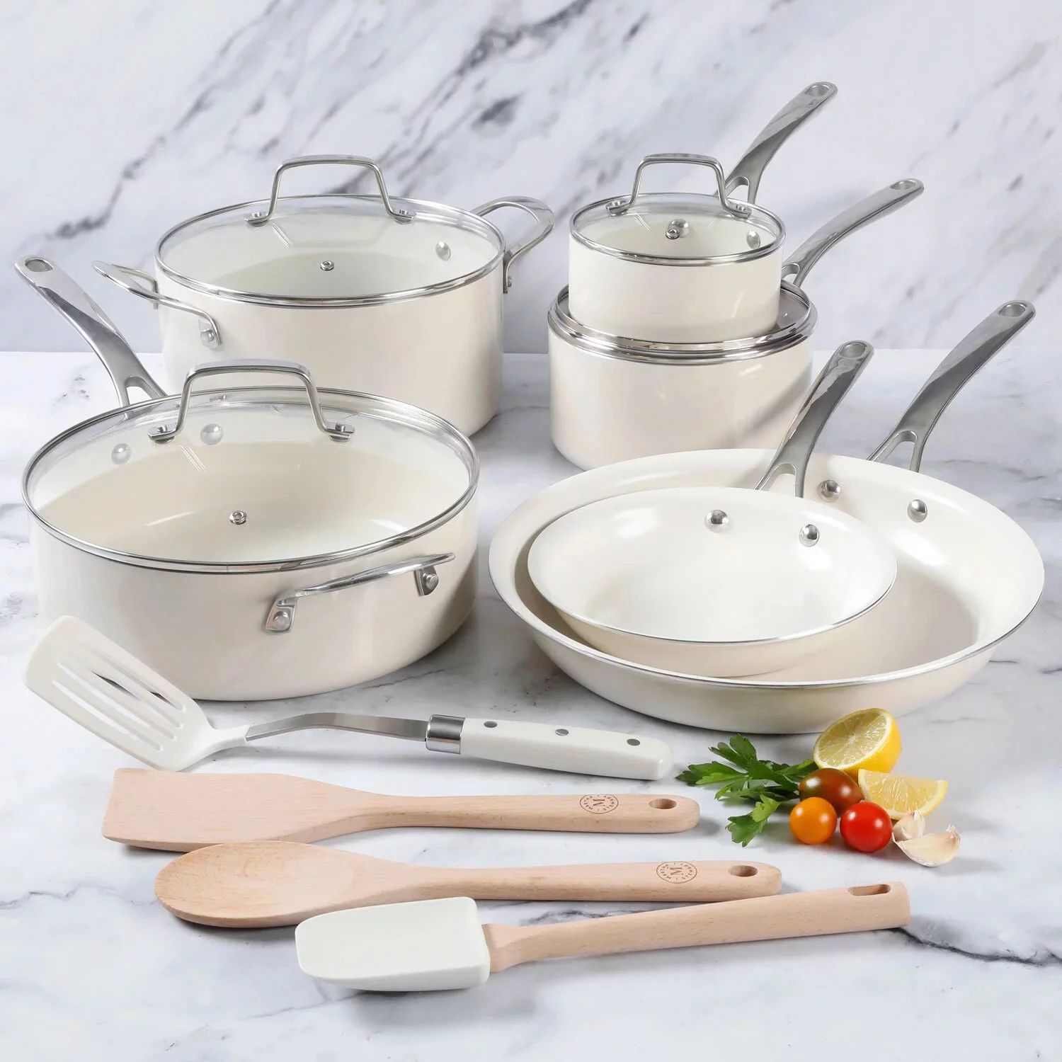 Martha Stewart 14-Piece White Ceramic Interior Cookware Set-Linen | Walmart (US)