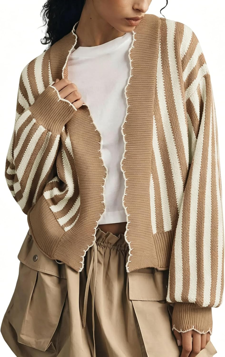 Women Striped Knit Cardigan Ruffle Open Front Sweater | Amazon (US)
