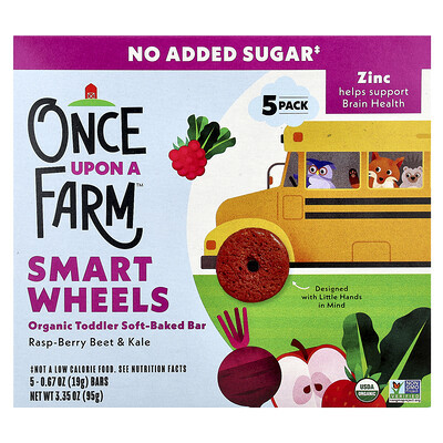 Once Upon A Farm, Smart Wheels, Organic Toddler Soft-Baked Bar, Rasp-Berry Beet & Kale, 5 Bars, 0.67 oz (19 g) Each | iHerb