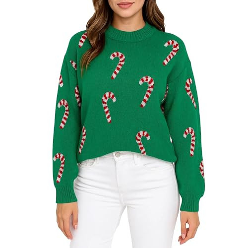 HeJoy Christmas Sweater for Women Soft Drop Shoulder Pullover Crewneck Cute Candy Cane Holiday Sweater Green | Amazon (US)