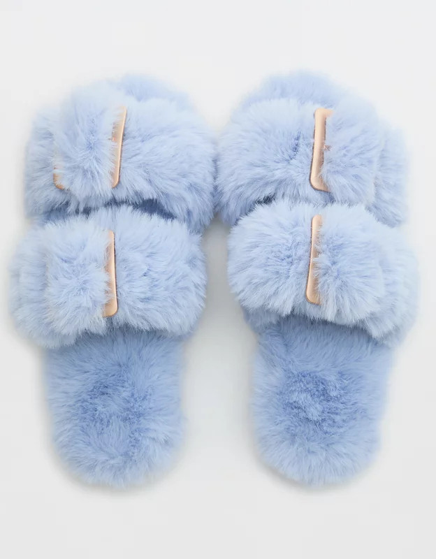 Aerie Fuzzy Double Strap Slippers | Aerie