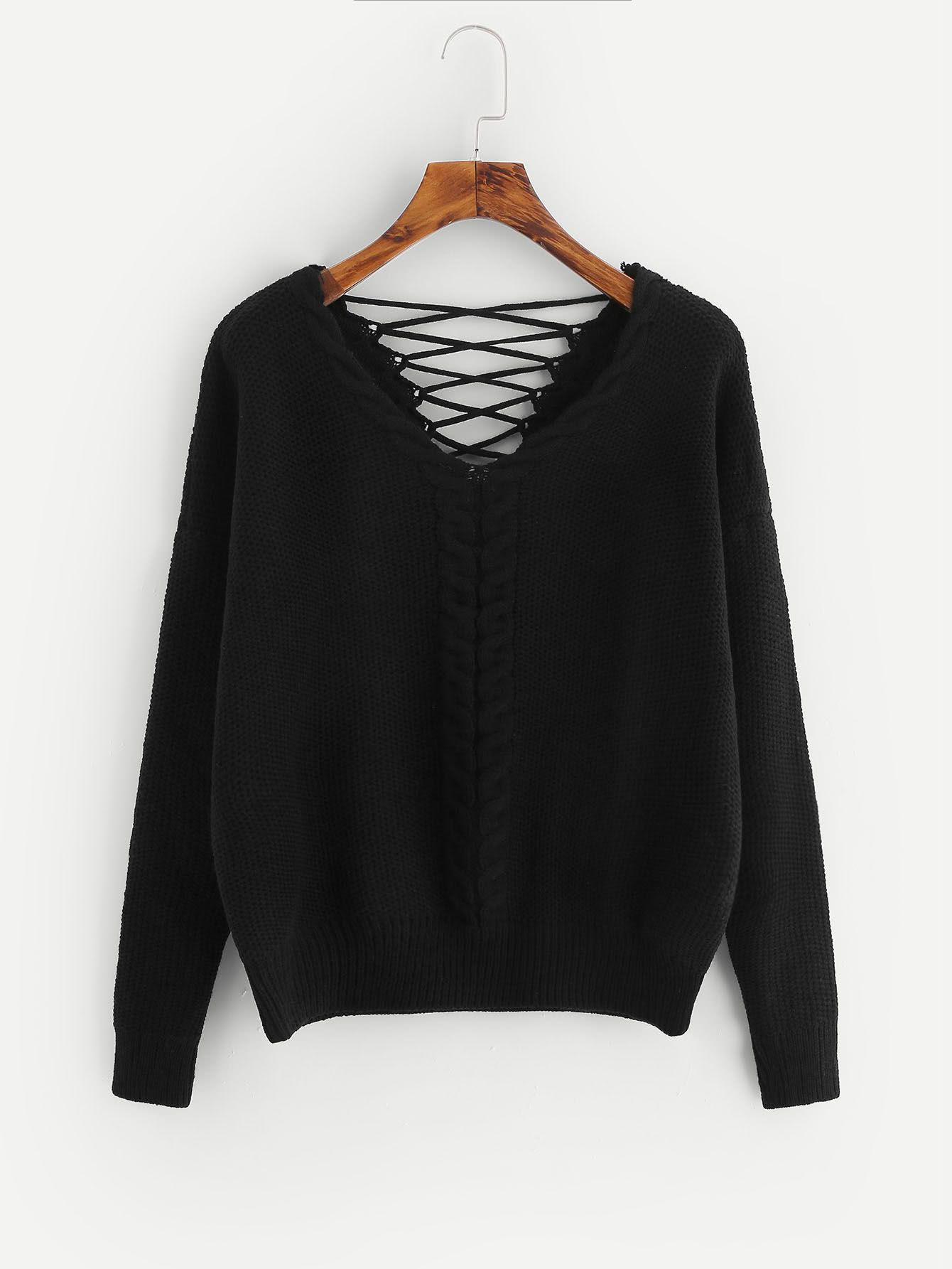 Lace Up Back Cable Knit Sweater | SHEIN